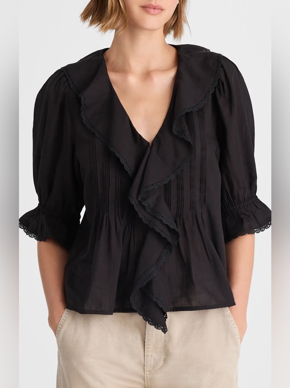 New Madewell Cotton Viscose Ruffled Bib Romantic Scalloped Lace Blouse Size XS